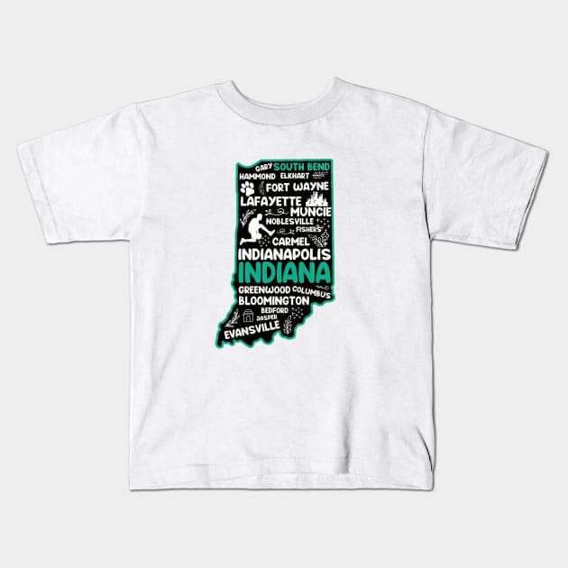 South Bend Indiana cute map Evansville, Carmel, South Bend, Fishers, Bloomington, Hammond, Gary, Lafayette Kids T-Shirt by BoogieCreates